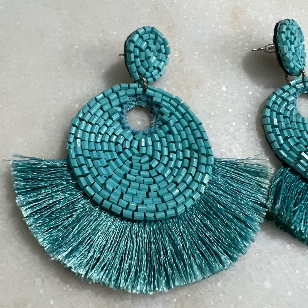 Turquoise Earrings - Beaded & Fringe Details